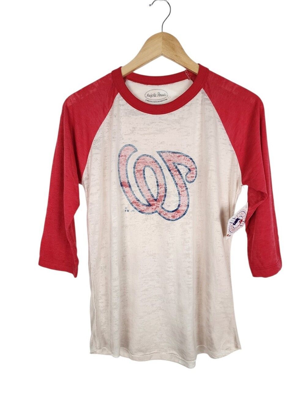Majestic Threads T Shirt Top Washington Nationals distressed Cream Red Size L